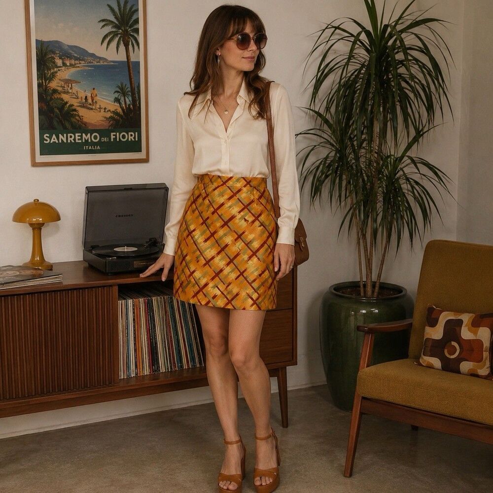 NWOT VTG Via Seta Studio 100% Silk Pencil Skirt Sz 12P retro 70s